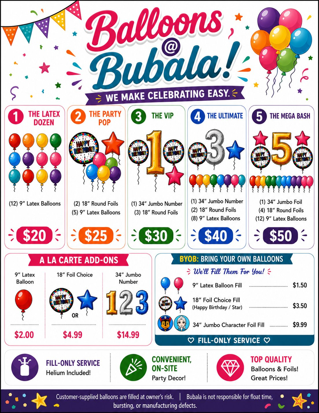 Balloons at Bubala flyer showing five balloon packages, à la carte choices, and bring-your-own-balloon fill service