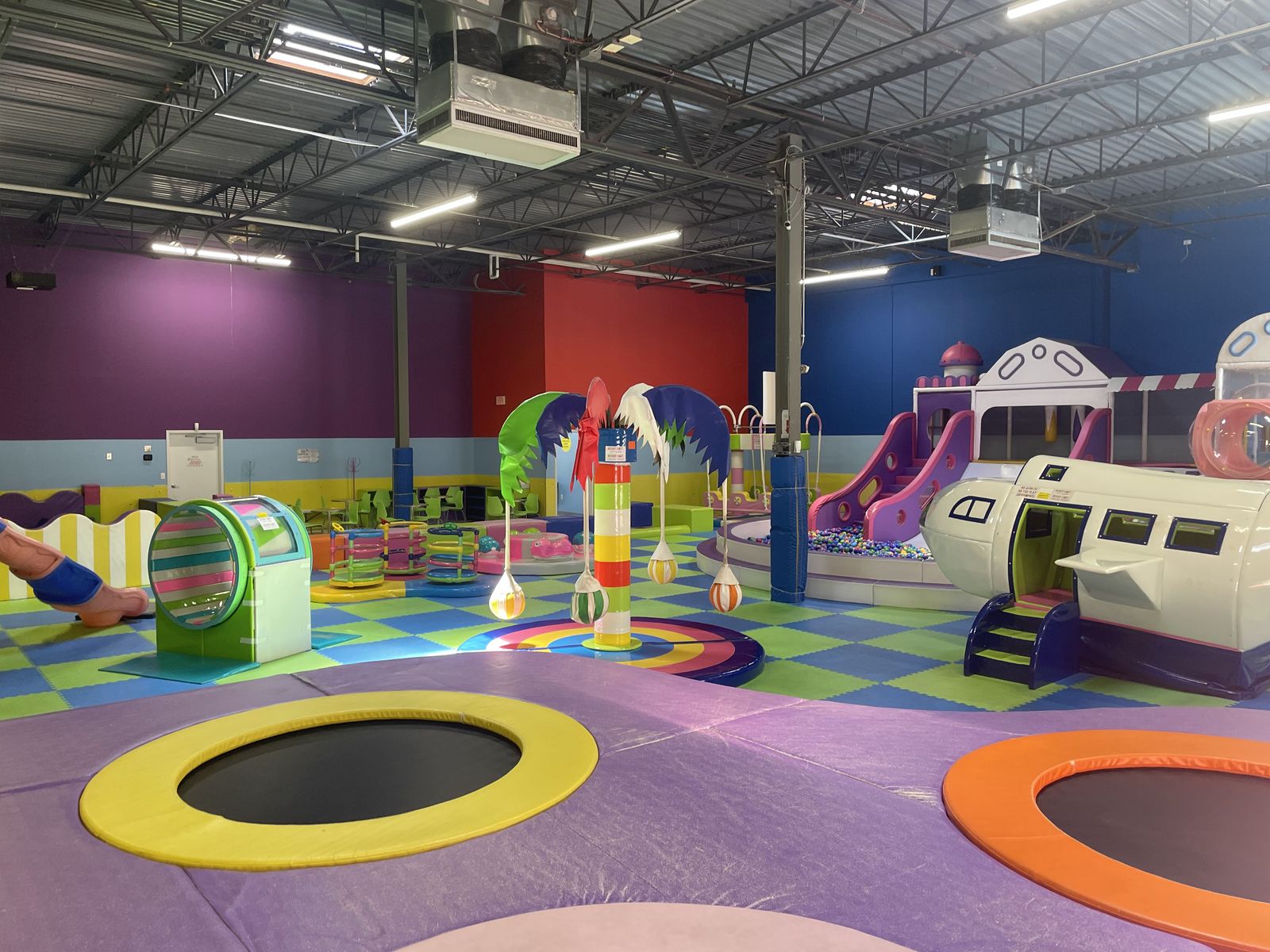 Wide view of the trampoline, airplane and soft-play areas
