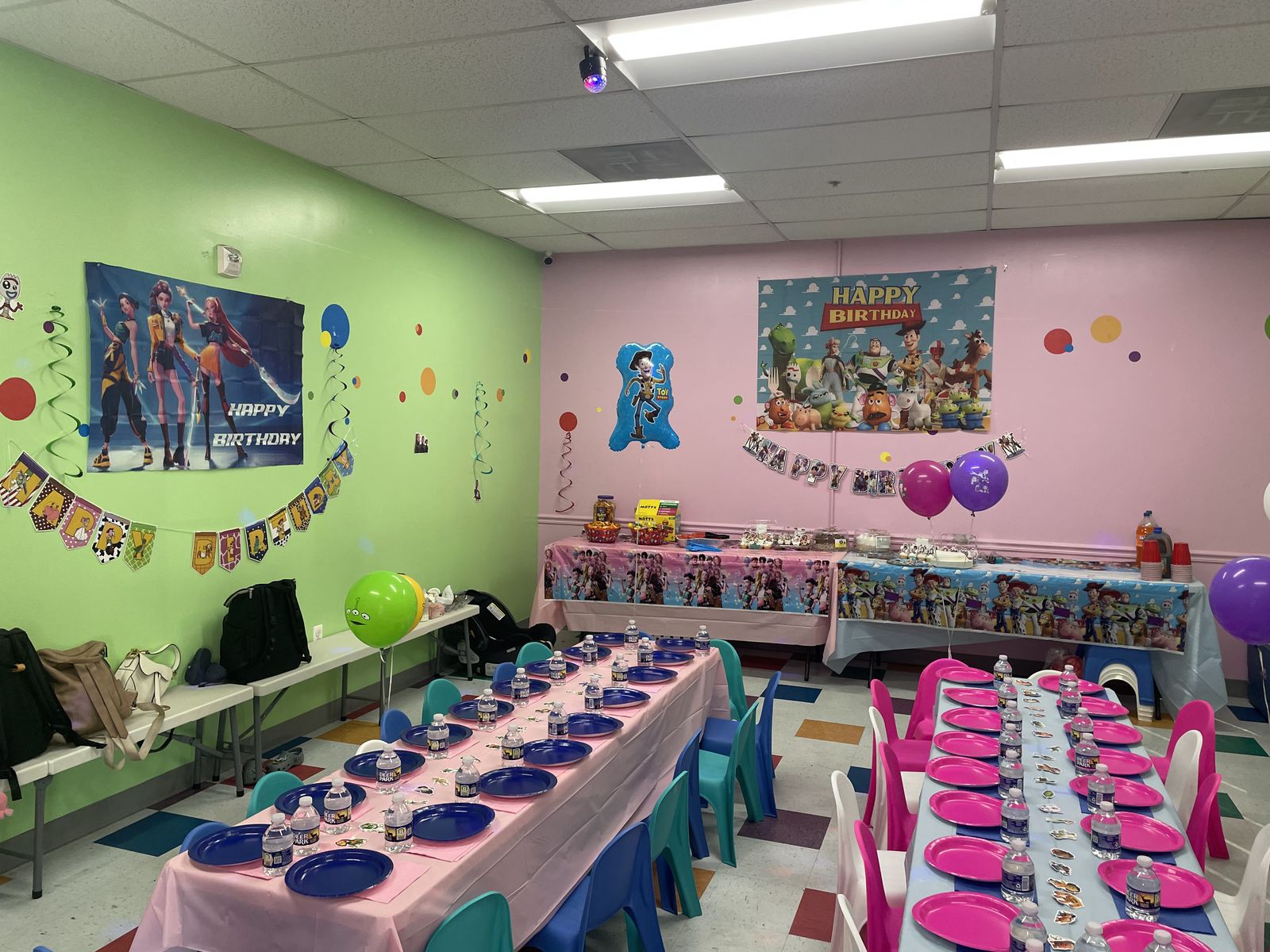 Paw Patrol party room with pink and blue table settings