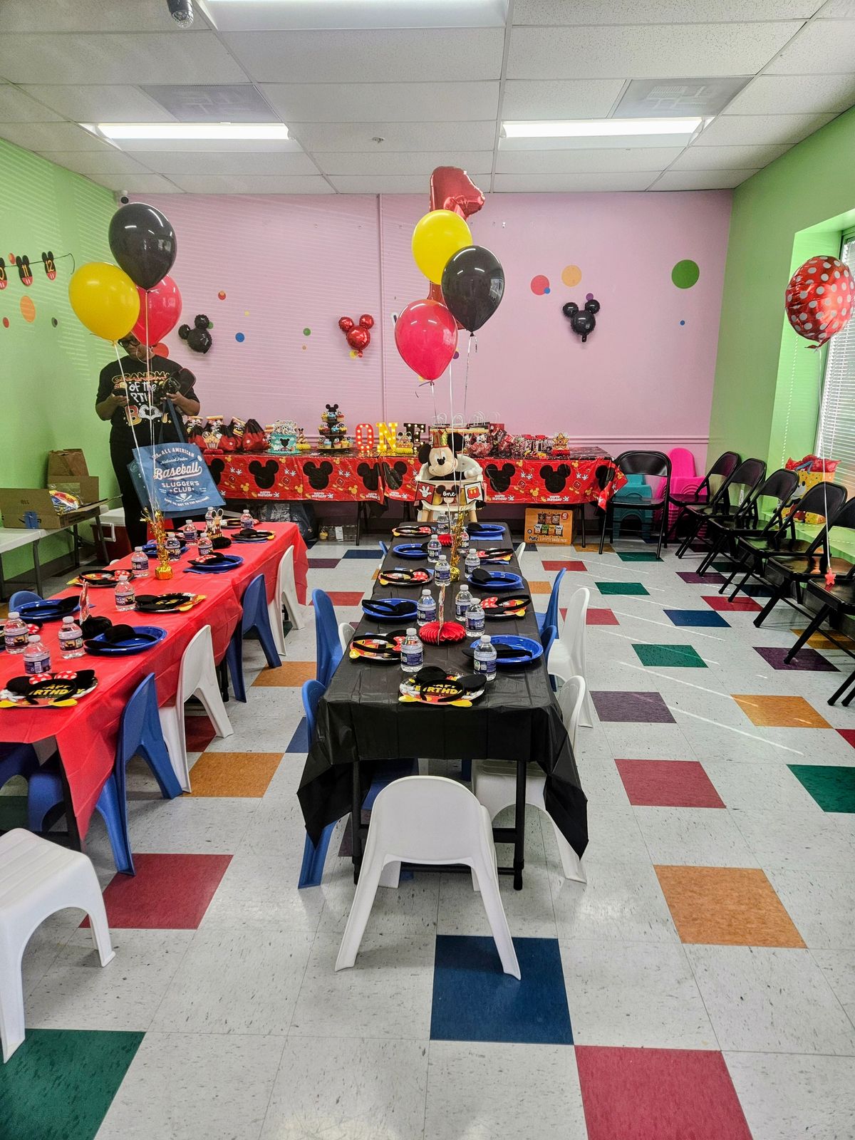 Race car party room with checkered decorations