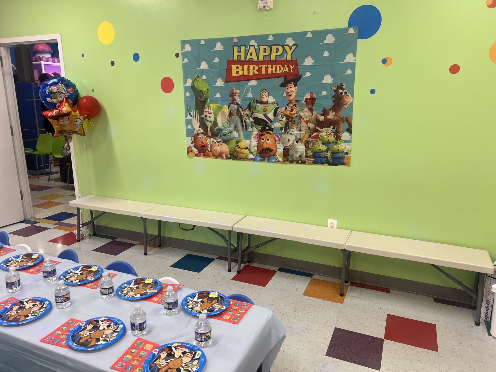 Toy Story party room with character decorations